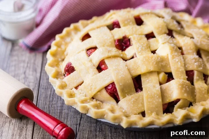 Beautifully woven lattice top crust on an unbaked pie.