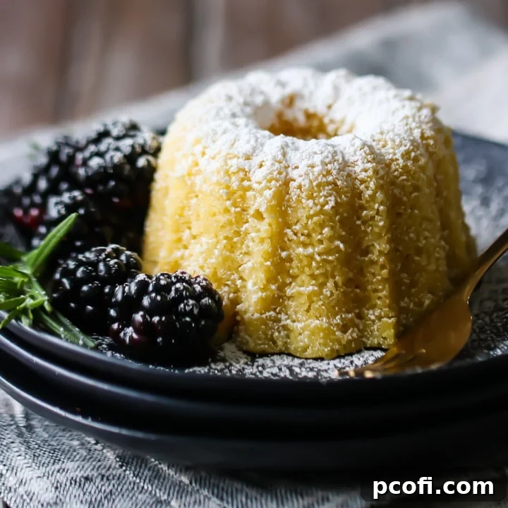 A perfectly baked lemon olive oil cake, elegantly served on a dark plate with a scattering of fresh, dark blackberries.