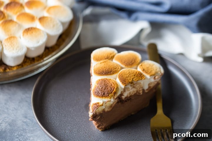 Icebox S'mores Pie Recipe - A refreshing chilled pie with a graham cracker crust, creamy chocolate, and toasted marshmallows.