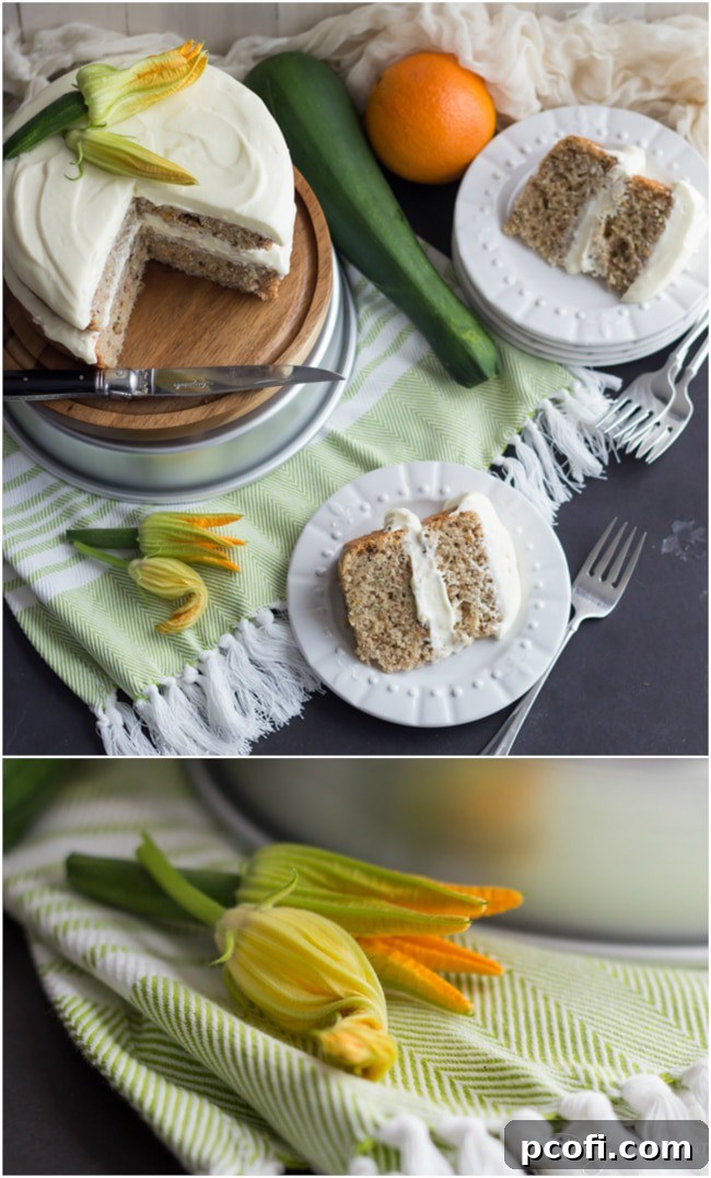 Close-up of the Zucchini Cake showing the moist crumb and cream cheese frosting