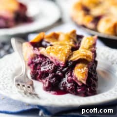 A slice of blueberry pie with thick filling and a lattice top crust, presented on a lacy white plate.