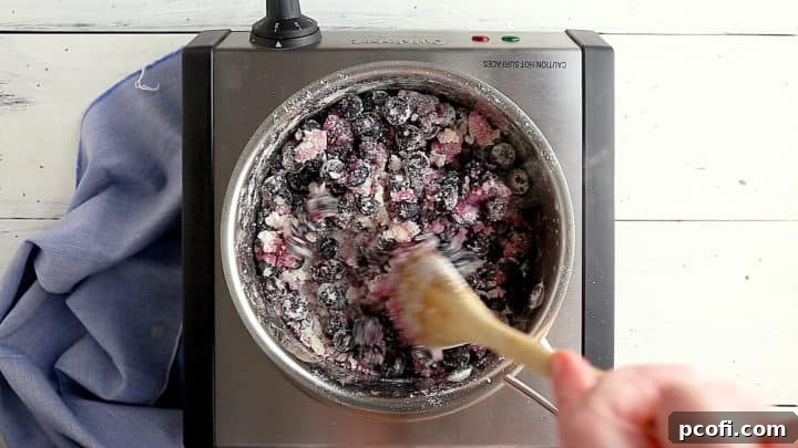 Tossing blueberries with sugar, cornstarch, and salt to make blueberry pie filling.