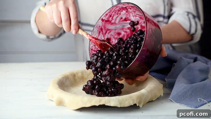 Transferring blueberry pie filling to an unbaked pie shell.