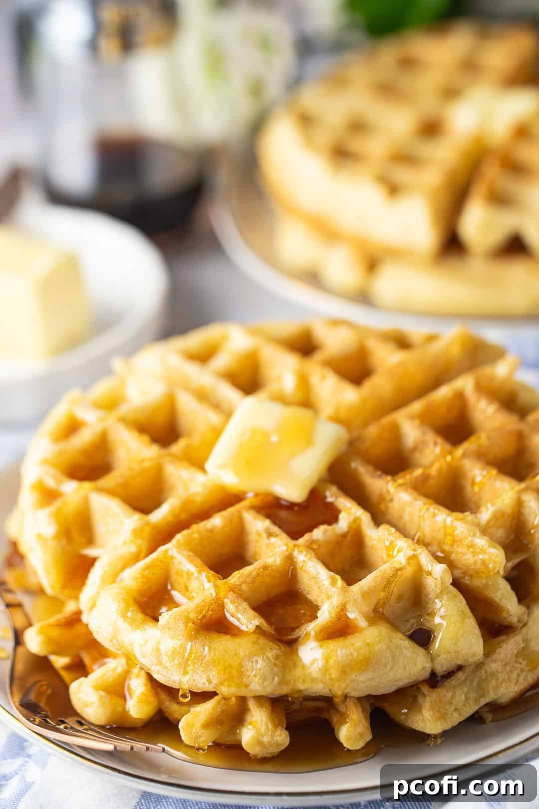 Freshly made homemade waffles with a melting pat of butter on top, ready to be drizzled with syrup.