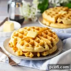 Homemade waffle recipe, prepared and served on white ceramic plates, garnished with fresh berries and maple syrup.