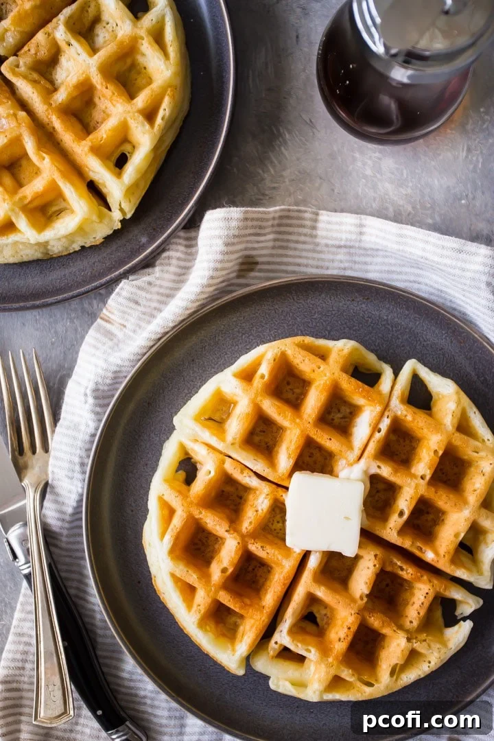 A stack of golden brown, old-fashioned buttermilk waffles, perfectly cooked and ready for toppings.