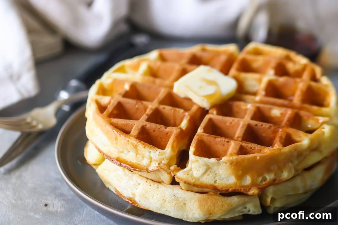 A large stack of fluffy buttermilk waffles made from scratch, glistening with a golden hue, inviting to be topped and enjoyed.