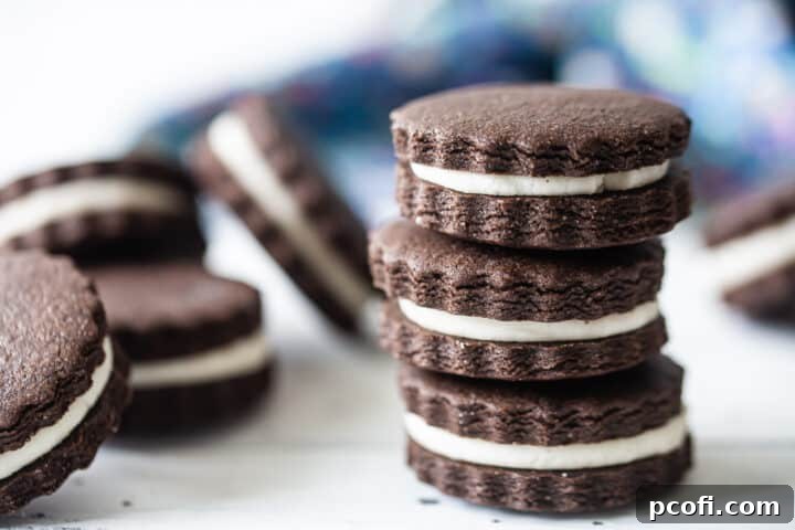 Homemade Oreo recipe, baked, assembled, and stacked, with a blue flowered cloth in the background, ready to be enjoyed.