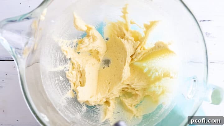 Butter and sugar mixture with egg and vanilla extract stirred in, creating a smooth batter.