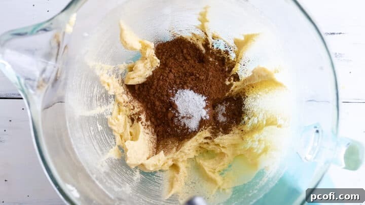 Adding rich dark cocoa, cornstarch, and salt to the homemade Oreo cookie dough mixture.