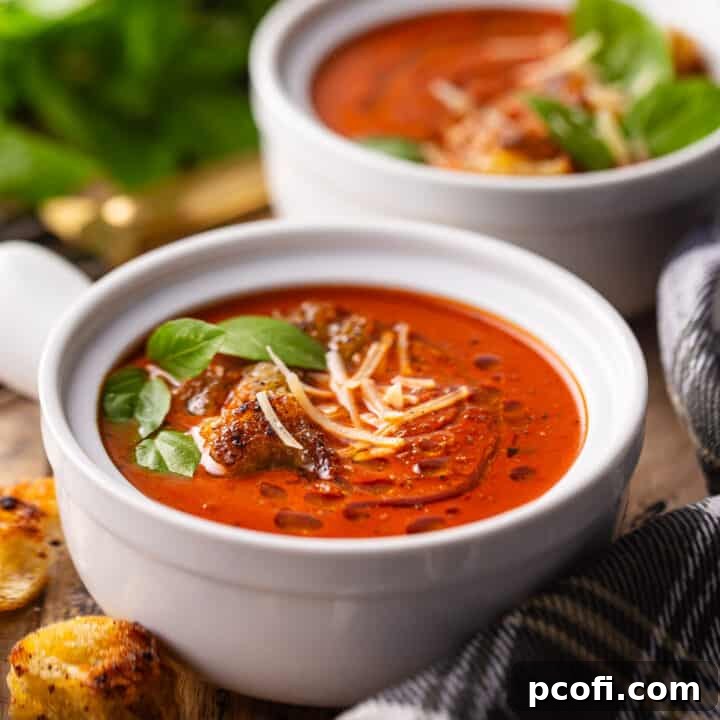 Easy tomato soup recipe, prepared and served in white crocks.