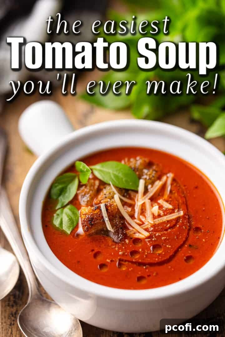 White crock of tomato soup with a text label reading 