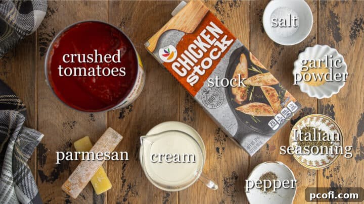 Homemade tomato soup ingredients with text labels.