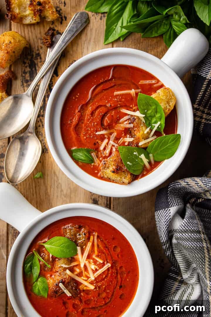 Homemade tomato soup served with fresh basil on a distressed wood tabletop.