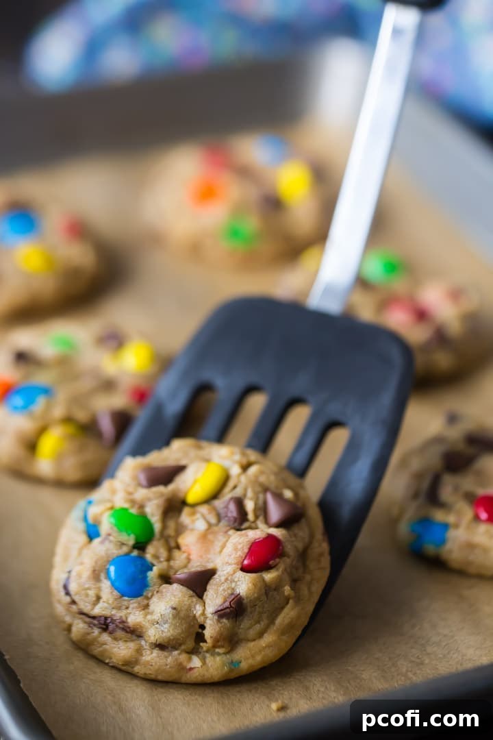 Close-up of soft Monster Cookies, highlighting their rich texture and vibrant M&M's.