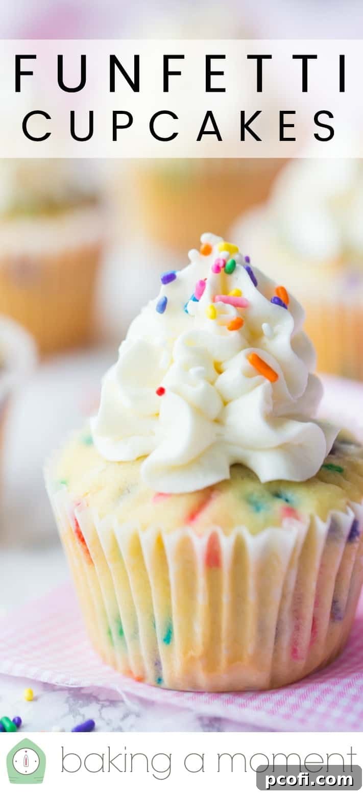 Close-up image of a homemade funfetti cupcake with rainbow sprinkles, and a text overlay above that reads "Funfetti Cupcakes."