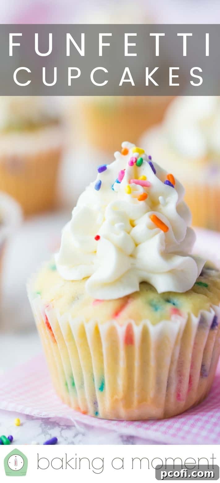 Close-up image of a homemade funfetti cupcake with rainbow sprinkles, and a text overlay above that reads "Funfetti Cupcakes."