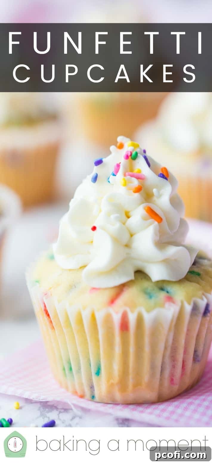 Close-up image of a homemade funfetti cupcake with rainbow sprinkles, and a text overlay above that reads "Funfetti Cupcakes."