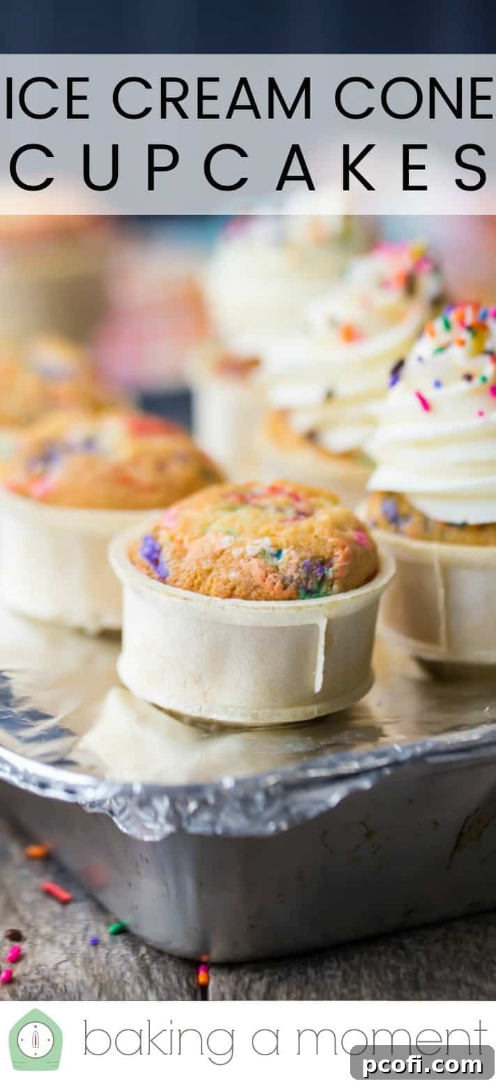 Ice cream cone cupcakes in a foil-topped baking pan with a text overlay above that reads "Ice Cream Cone Cupcakes."