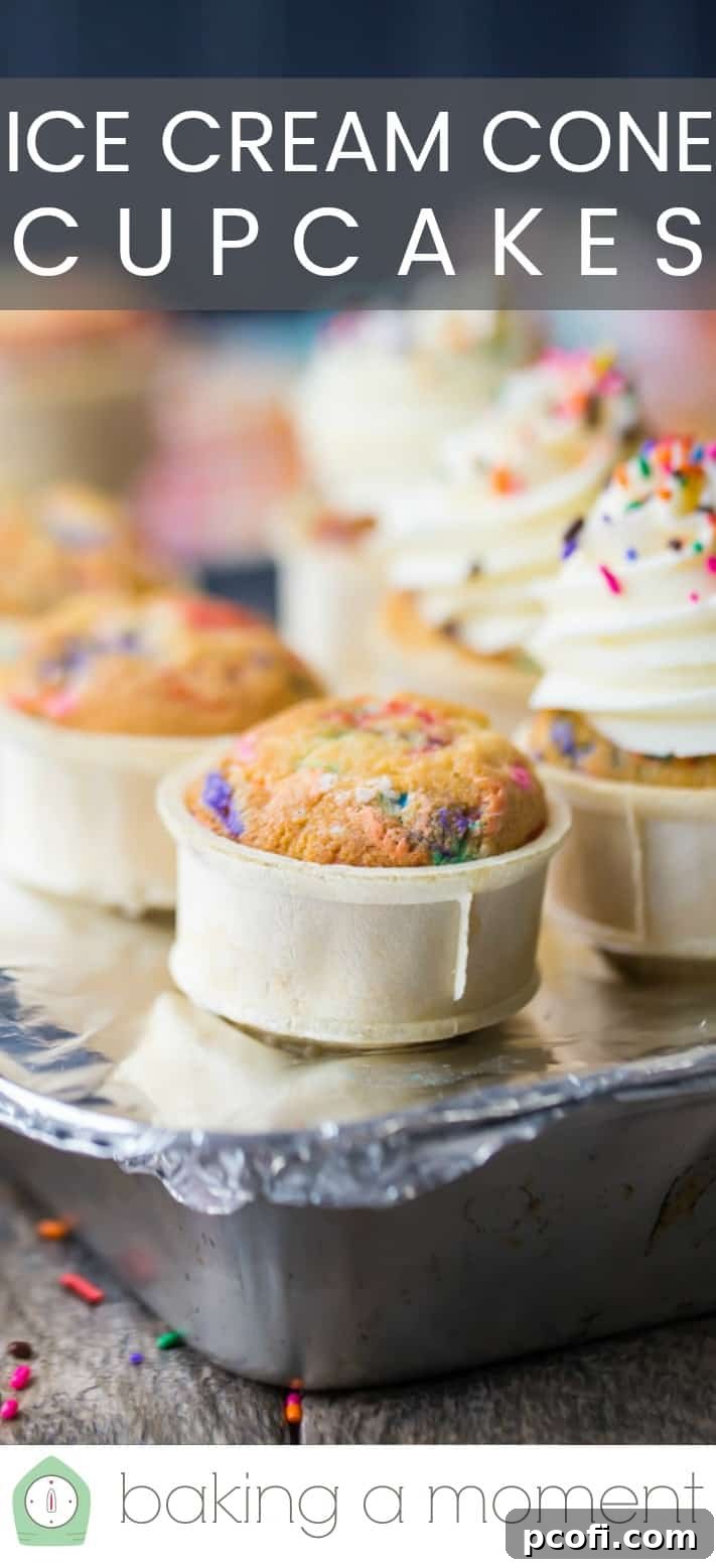 Ice cream cone cupcakes in a foil-topped baking pan with a text overlay above that reads "Ice Cream Cone Cupcakes."
