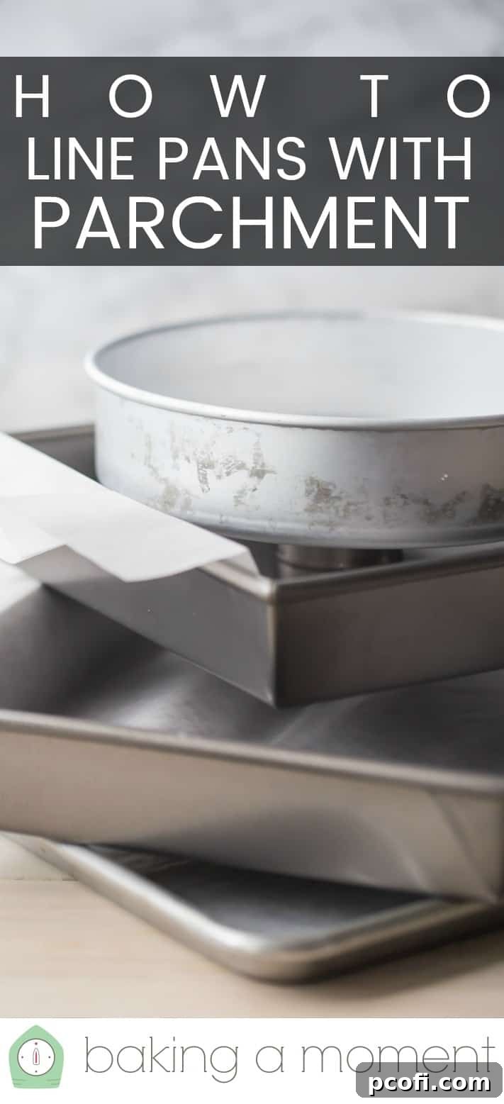 Stack of baking pans on a light background with a text overlay above reading "How to Line Pans with Parchment."