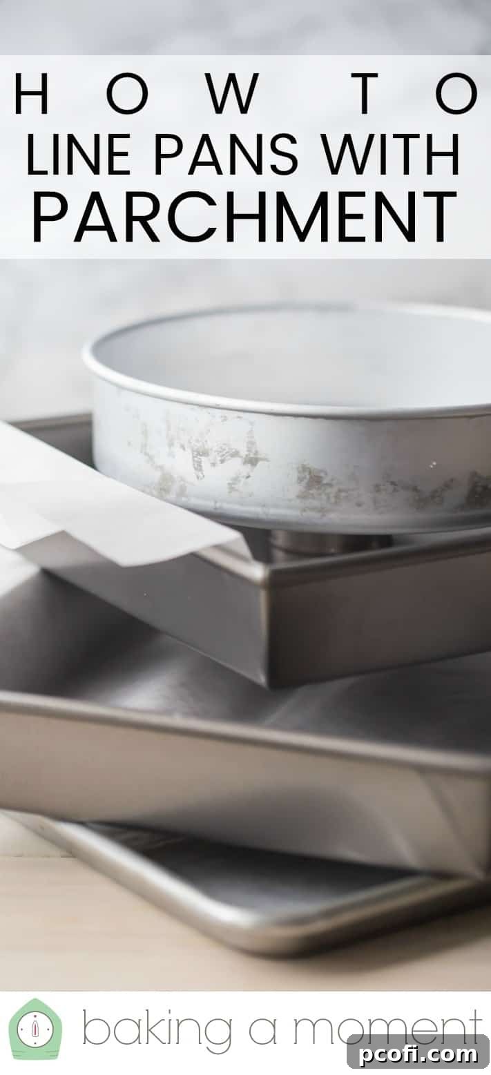 Stack of baking pans on a light background with a text overlay above reading "How to Line Pans with Parchment."