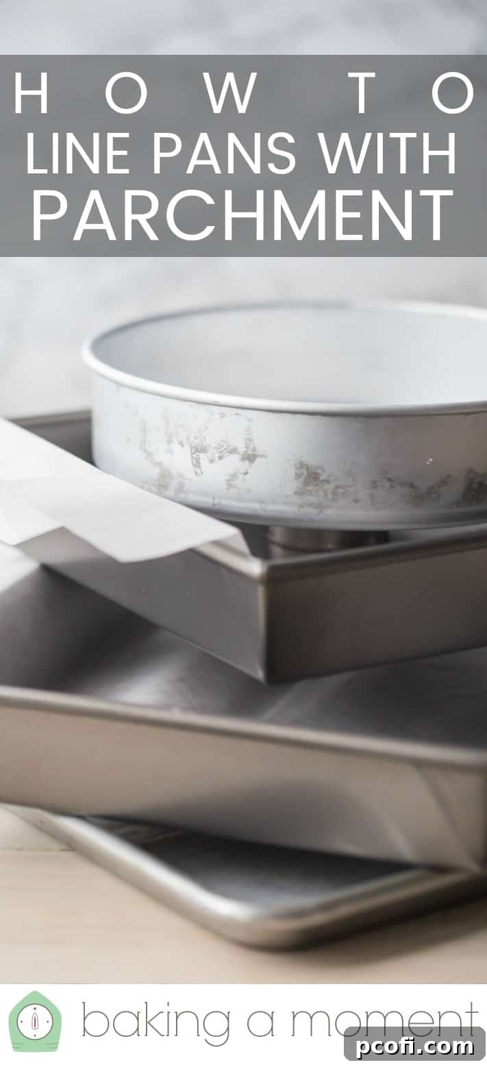 Stack of baking pans on a light background with a text overlay above reading "How to Line Pans with Parchment."