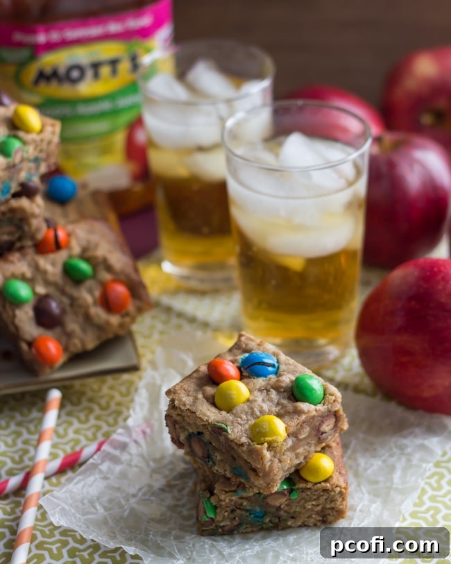 Beautifully arranged Peanut Butter Apple Blondie Bars on a serving platter.