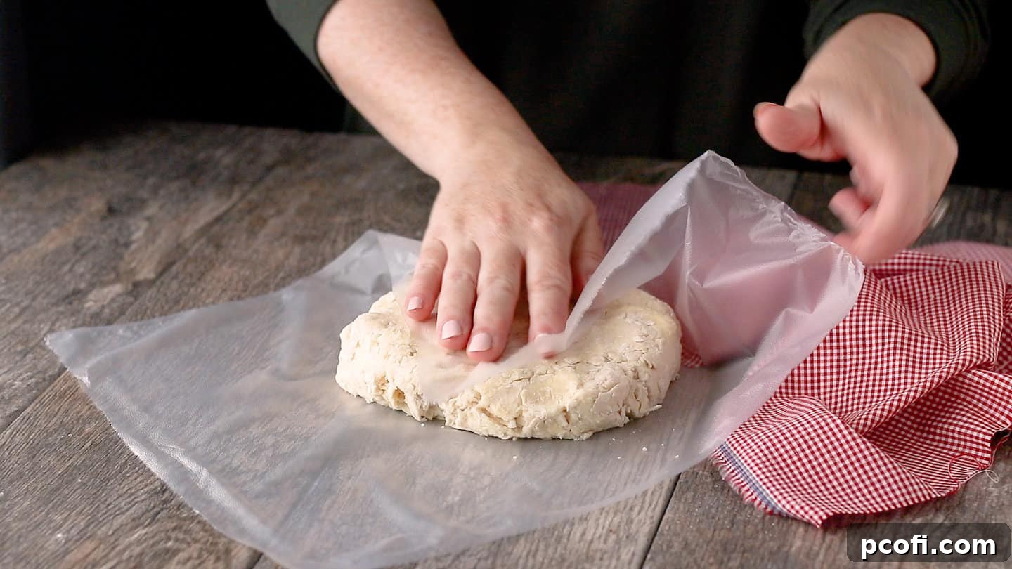 Forming puff pastry dough into a disc to chill.