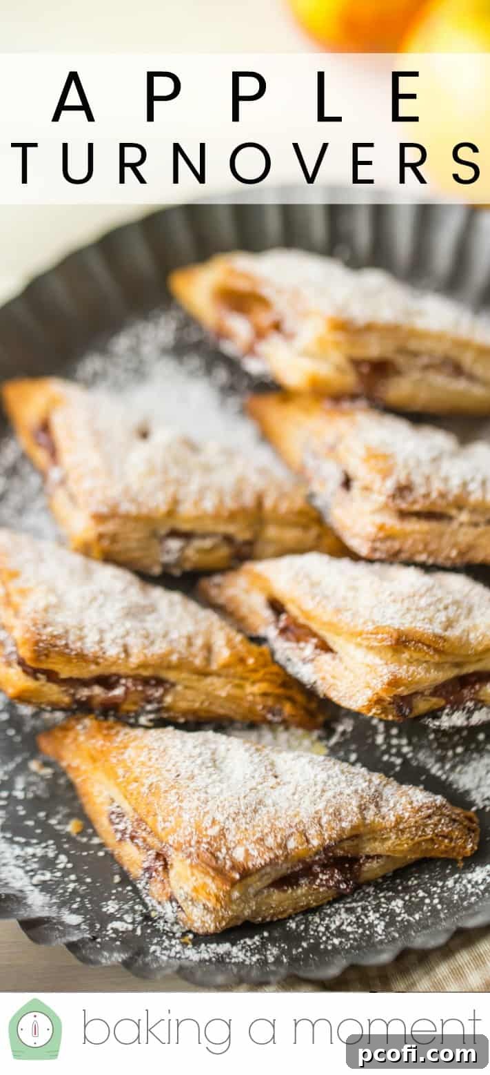 Six apple turnovers in a fluted metal pan with powdered sugar, and a text overlay above that reads "Apple Turnovers."