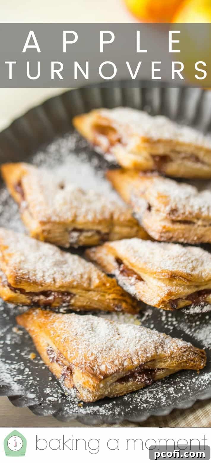 Six apple turnovers in a fluted metal pan with powdered sugar, and a text overlay above that reads "Apple Turnovers."