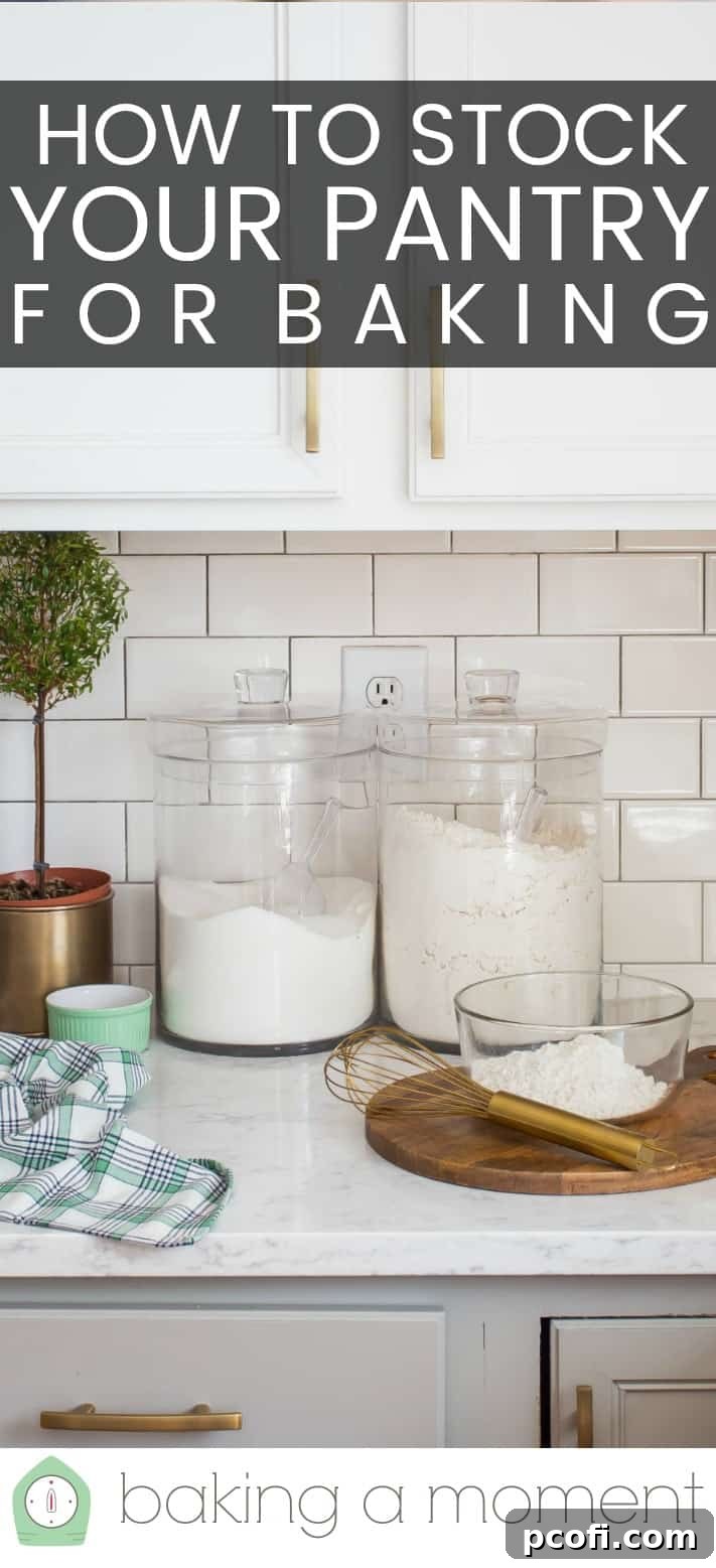 White kitchen with jars of flour and sugar, and a text overlay above that reads "How to Stock Your Pantry for Baking."