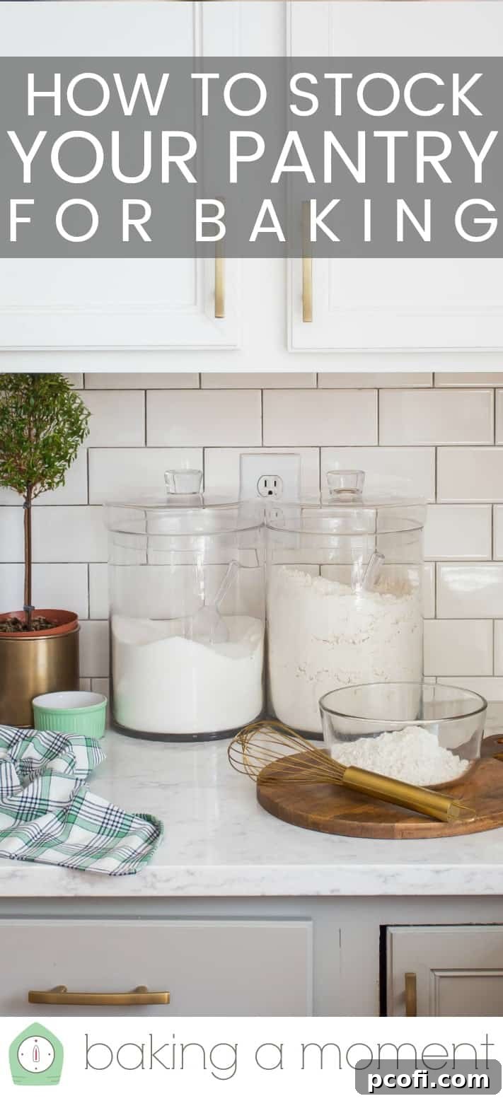 White kitchen with jars of flour and sugar, and a text overlay above that reads "How to Stock Your Pantry for Baking."
