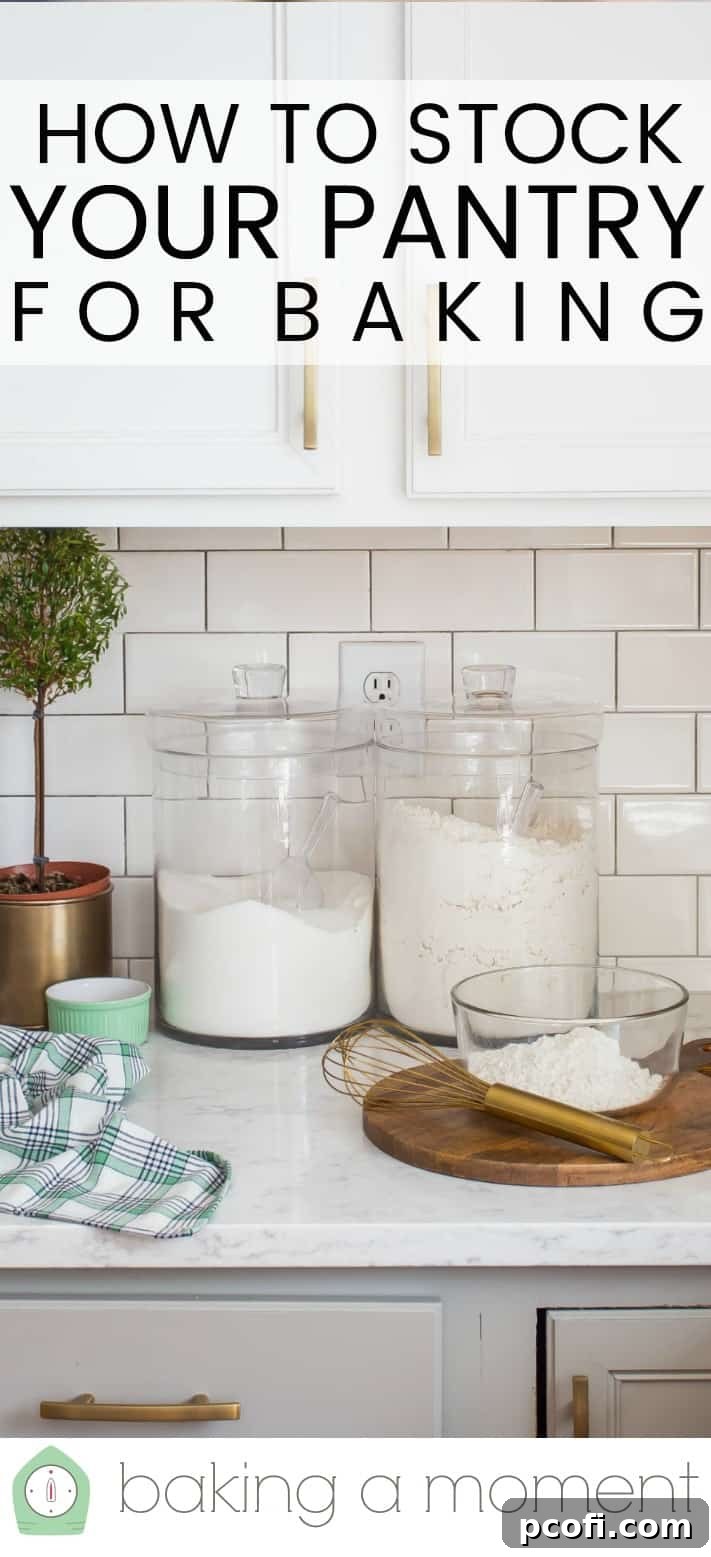White kitchen with jars of flour and sugar, and a text overlay above that reads "How to Stock Your Pantry for Baking."