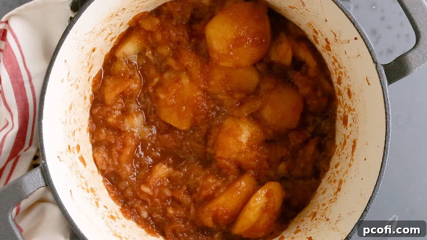 Cooking apple butter ingredients together in a large pot.