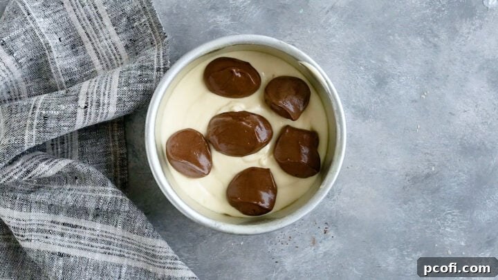 Dropping alternating spoonfuls of chocolate cake batter over vanilla cake batter in a pan, preparing for the swirl.