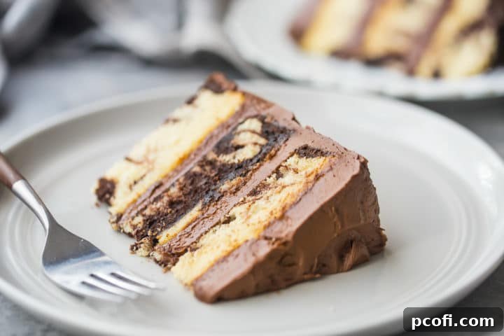 A perfectly portioned slice of marble birthday cake, artfully arranged on a pale gray plate, showcasing its delicious layers.