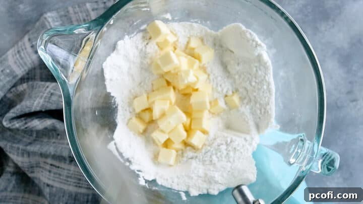 Adding soft room-temperature butter to a bowl of dry ingredients for marble cake.