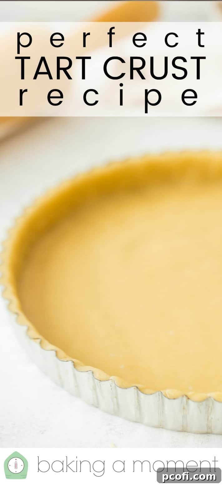 Close-up image of a tart crust in a fluted pan, with a text overlay above reading "Perfect Tart Crust."