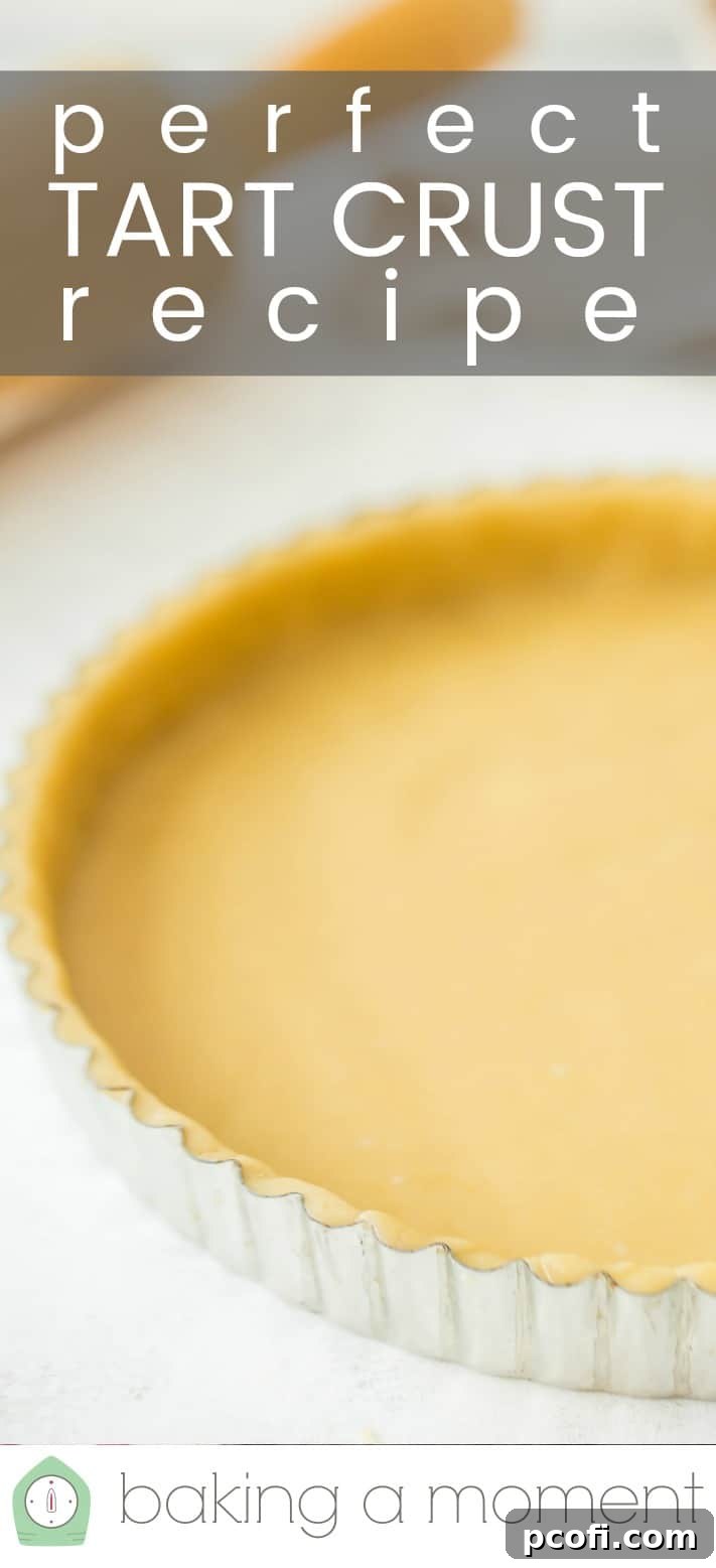 Close-up image of a tart crust in a fluted pan, with a text overlay above reading "Perfect Tart Crust."