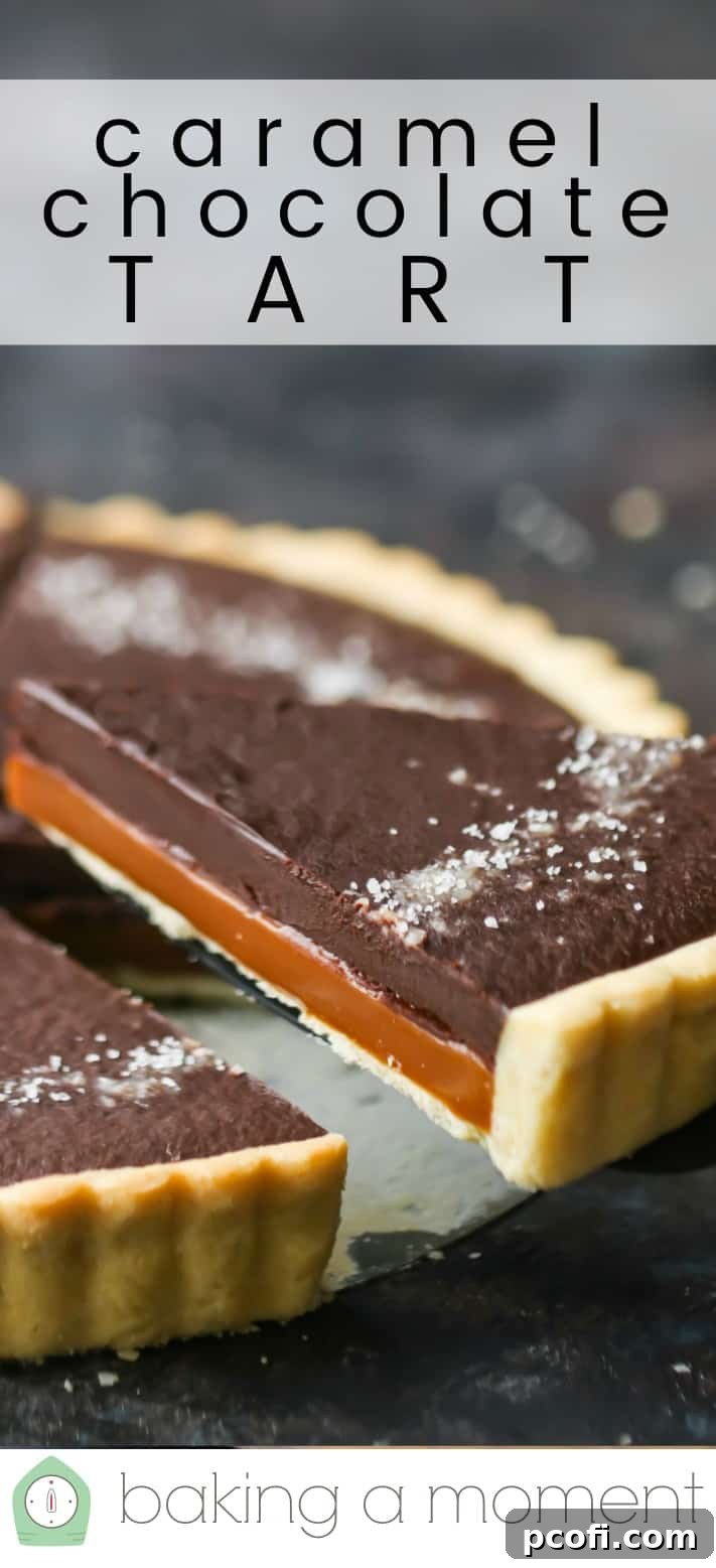 Close-up image of a slice of salted caramel chocolate ganache tart being lifted from the pan, with a text overlay above reading "Caramel Chocolate Tart."