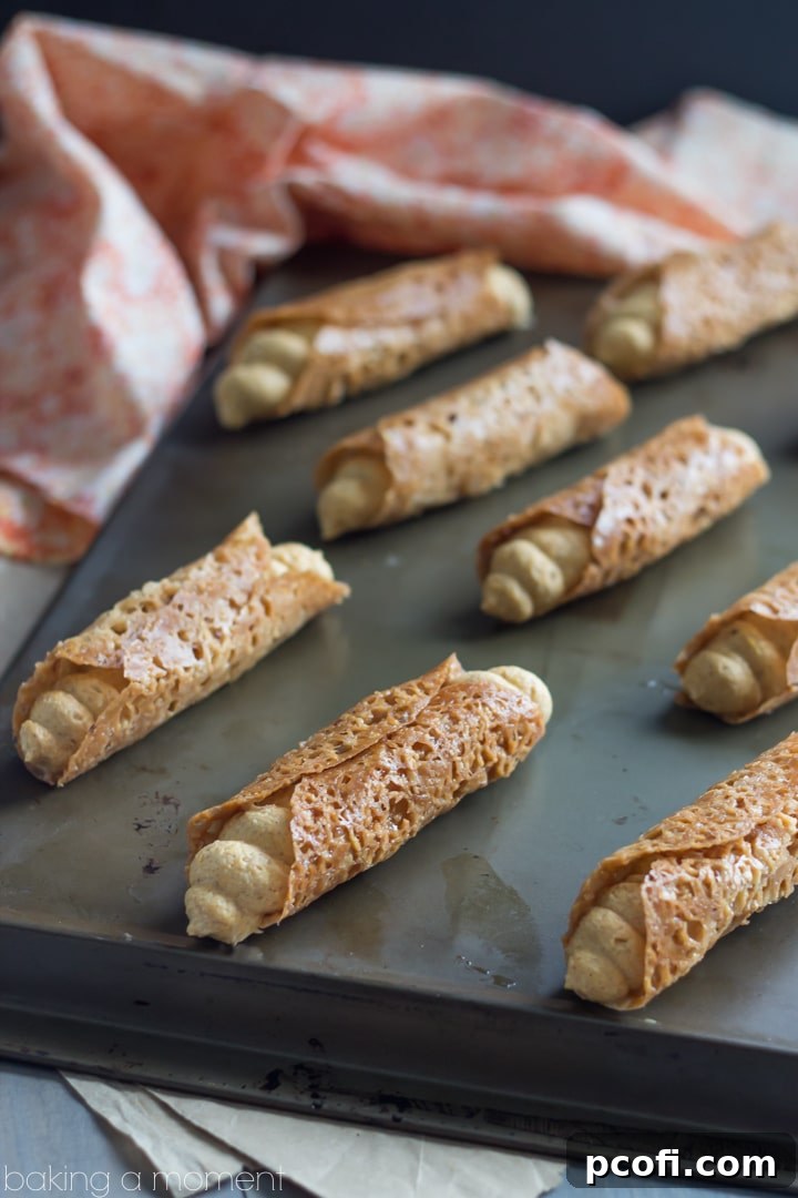 Such a fun Fall treat! Pumpkin Cannoli with a creamy, spiced filling & a nutty almond brittle shell.