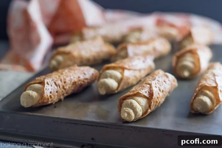 Such a fun Fall treat! Pumpkin Cannoli with a creamy, spiced filling & a nutty almond brittle shell.
