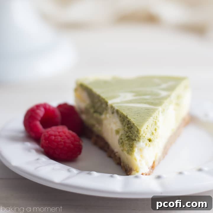 A stunning matcha swirl cheesecake with a vibrant green tea accent, nestled on a golden, spiced graham cracker crust, promising a harmonious blend of creamy, earthy, and sweet flavors.
