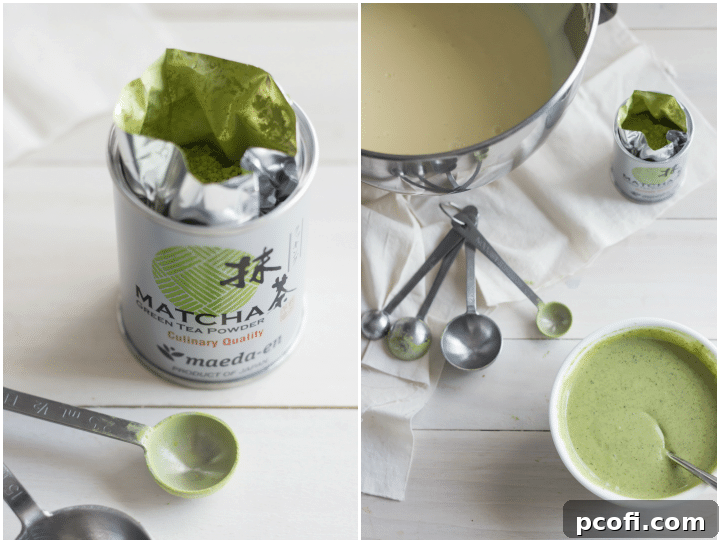 A bowl of creamy cheesecake batter being mixed with vibrant green matcha powder, ready to be swirled into the main cheesecake for a beautiful marbled effect.