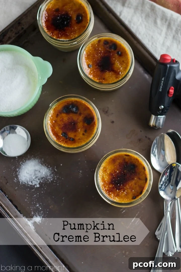 Individual ramekins of creamy pumpkin custard with a golden, caramelized sugar topping, ready to be served.