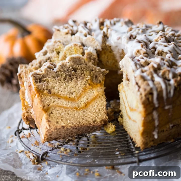 Pumpkin Spice Coffee Cake: moist sour cream coffee cake infused with pumpkin spice, ribboned with pumpkin and topped with a crunchy cinnamon crumb topping. Perfect for fall! #PumpkinDelight #IDelight @indelight #ad