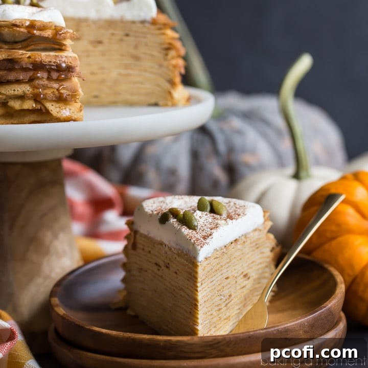 Pumpkin Crepe Cake: layer upon layer of lacy crepes, filled with a fluffy, cinnamon-spiced pumpkin pastry cream. The salted caramel and pepita garnish took this completely over-the-top! Definitely making this again for Thanksgiving.