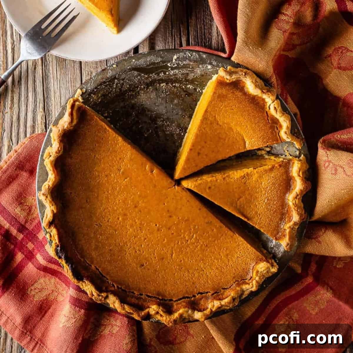 sliced pumpkin pie in a pie dish.