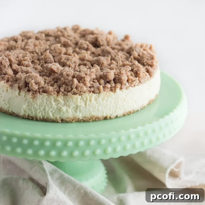 Rich and creamy New York Crumb Cheesecake with a thick, buttery streusel topping, perfect for any dessert lover.